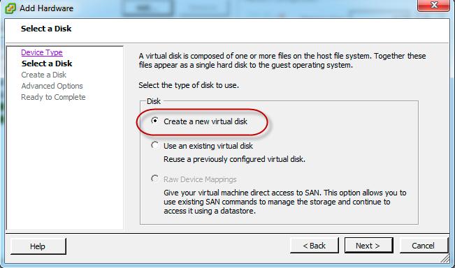 4. On the Select a Disk page, select Create a new virtual disk, and then click Next.
