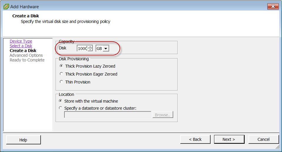 On the Create a Disk page, set the Disk Size to the correct requirements for your virtual appliance version.