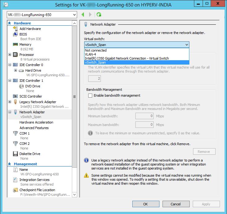 (The newly added adapter hardware name will be Monitor when adding using the above commands, and Network Adapter when added using Hyper-V Manager.) Using Hyper-V Manager: 1. Add a new network adapter.