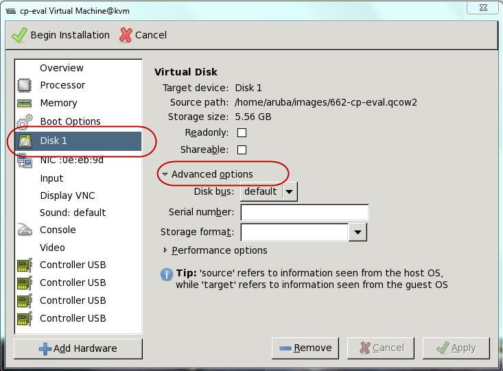 Figure 63 Virtual Disk Page, Advanced Options 3. In the Disk bus field, change the setting to SCSI.