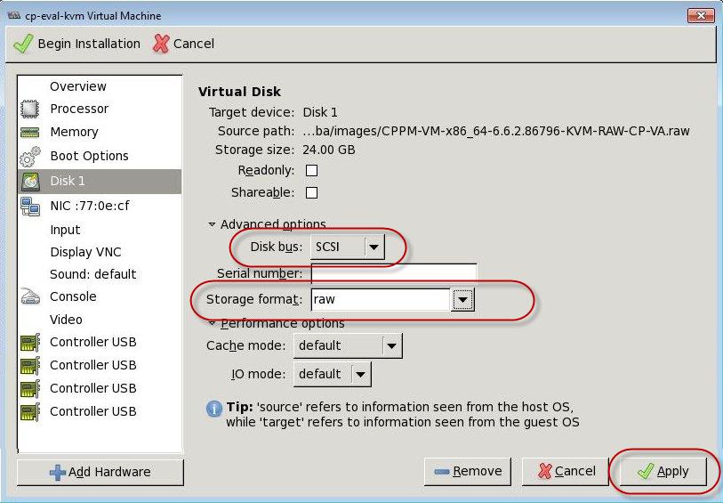 Figure 64 Virtual Disk Page, Disk Bus and Storage Format Options 5. Click Apply.