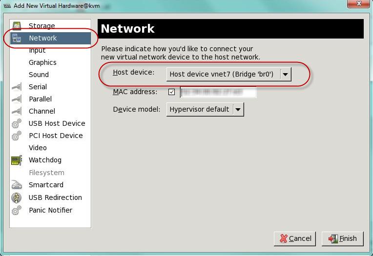 In the Host device field, select Host device vnet0(bridge 'br0').