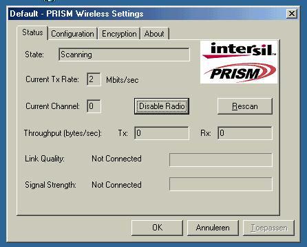 e-double click the Intersil WLAN icon to open the WLAN settings, the following window