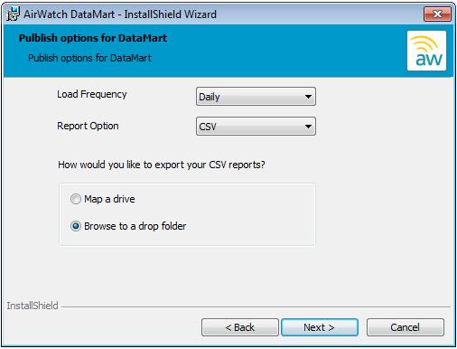 Chapter 4: AirWatch DataMart Browse to drop folder option Database Table to Database Server option Map a drive