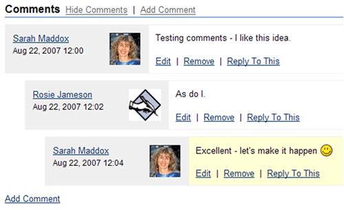 Comments have the same editing options and use the same editor as pages. When you attach a file to a comment, however, it attaches the file to the page, not the comment.