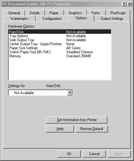 Operation with Windows 95/98/Me Options Tab Settings This section describes the settings in the Options tab. Select the items in Hardware Options and change them in the Change box below.