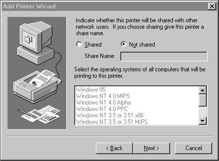 Operation with Windows NT 4.0 10. Enter the printer name, specify if you want to use the printer as the default printer, and click [Next]. 11.
