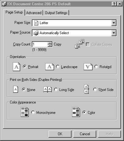 Operation with Windows NT 4.0 How to Use Help Image Rotation (180deg) - Set the checkbox to [On] to rotate the prints by 180. Default is [Off]. The following describes how to use Help. 1. Click and a?