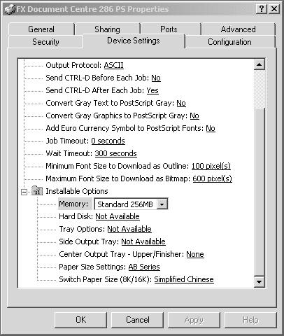 Operation with Windows 2000, Windows XP and Windows Server 2003 Device Options and Print Settings This section describes printer specific settings for printer driver properties.