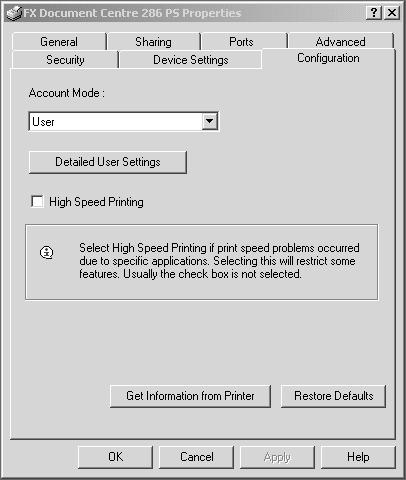Operation with Windows 2000, Windows XP and Windows Server 2003 Settings Memory - Specifies the amount of printer memory. Hard Disk - Specifies whether or not the Hard Disk (optional) is installed.