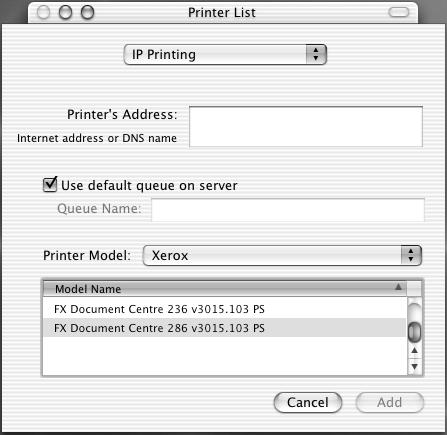 Select [IP Printing] from the menu, and enter the IP address for the printer being used in Printer s Address. 2. Select [Xerox] from Printer Model, and select the printer to be used. 3.