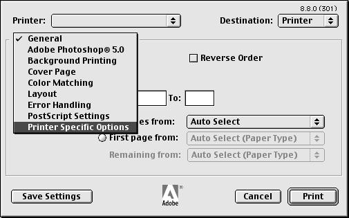 Operation on Macintosh Computers Printer Driver Settings This section describes Printer Specific Options, used to set the printer driver. 1. On the File menu of the application, click [Print].