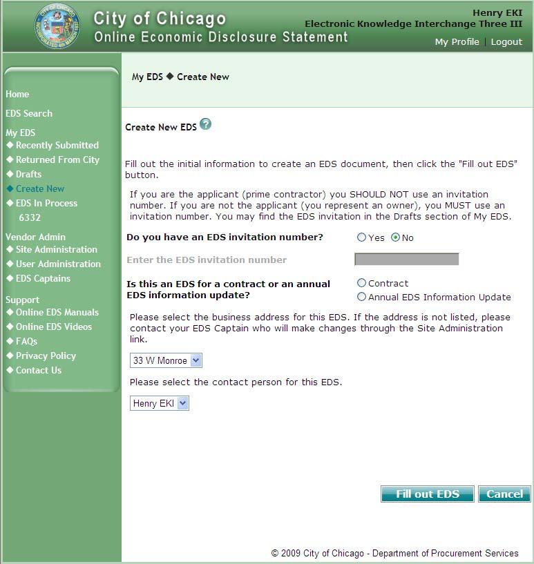 Section 1. How to create a new EDS document. 1a. To create a new EDS document, click on the Create New link from the Left Menu. Figure 2 - Create New EDS Screen 1b.