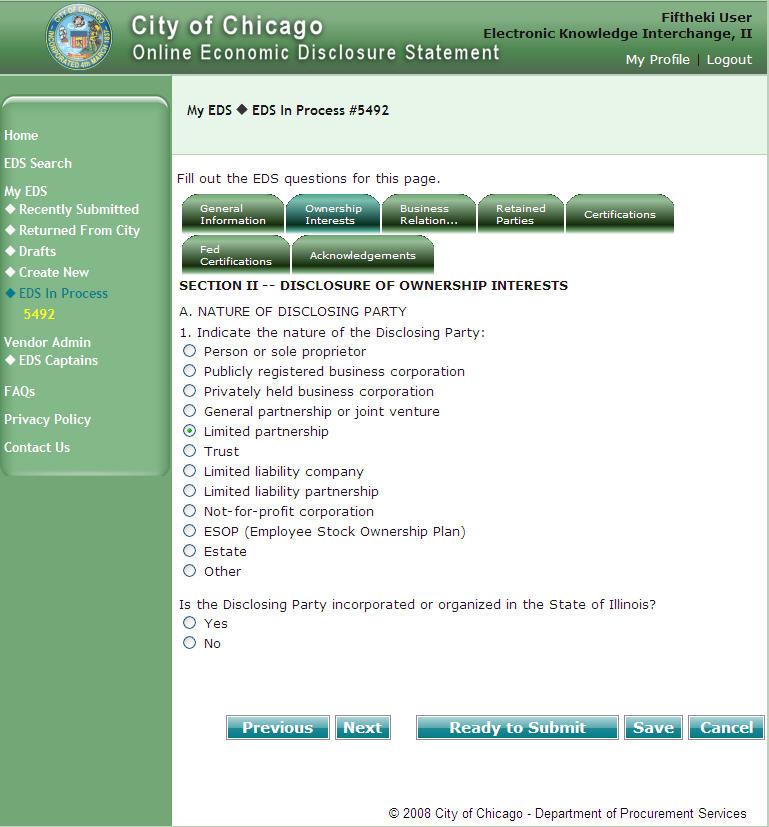 2.c.2. Online Economic Disclosure Statement - Instruction Manual Radio Buttons For each question with a set of radio button answers, you may select only ONE answer per question.