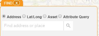 Find Tool The Find Tool is used to search for Addresses, Lat/Long, Assets based on FacilityID, and Assets based on an Attribute Query using criteria the user enters. 1.