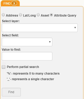 Click Find. 4. The assets matching the criteria will be selected in the map. Attribute Query 1. Select a layer from the drop down list. 2.
