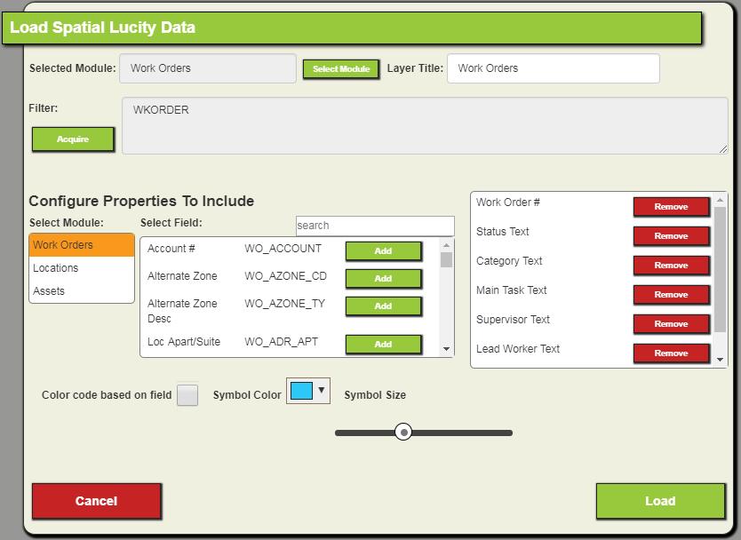 Module Spatial Data The Module Spatial Data tool enables users to display Lucity Work data and some Lucity