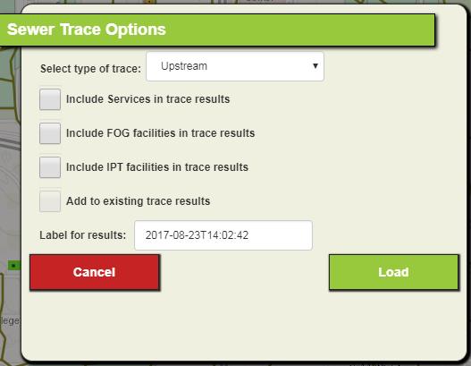Sewer Trace 1. Use the drop down to select the type of sewer trace to run. a. Upstream- Traces all pipes upstream of the selected pipe. b.