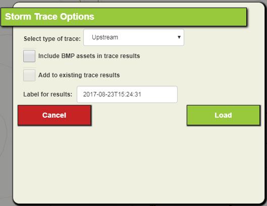 Storm Trace 1. Use the drop down to select the type of storm trace to run. a. Upstream- Traces all pipes upstream of the selected pipe. b.