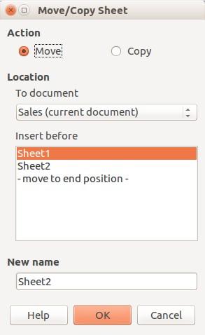 Figure 15: Move/Copy Sheet dialog Deleting sheets To delete a single sheet, right-click on the sheet tab you want to delete and select Delete Sheet from the context menu, or go to Sheet > Delete