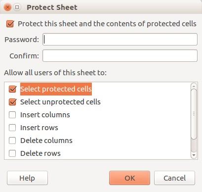 Figure 36: Protect Sheet dialog Alternatively, you can choose to protect the entire spreadsheet rather than individual cells on individual sheets by selecting Tools > Protect Spreadsheet from the