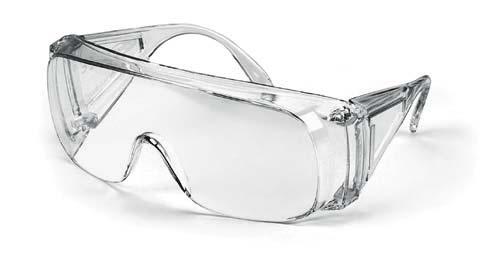 Visitor goggle Suitable to wear over corrective spectacles Integrated top and side protection, covers the entire eye area Punched earpiece for