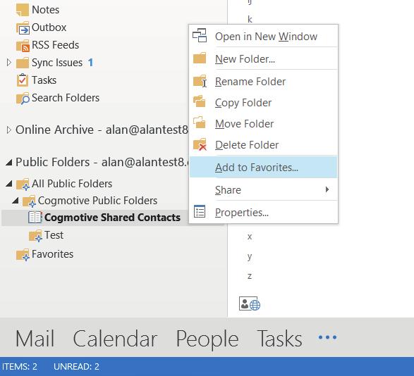 Adding the Contacts folder to Outlook Each user will now need to add this contacts folder to their Outlook favorites which will allow them to see the contacts list in Outlook.