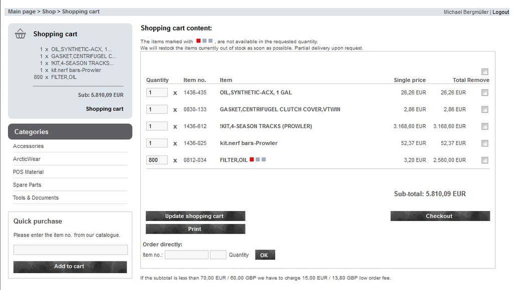 Once you have submitted the Pick List from PartsPro or added an item to your cart from the Dealer Network, the cart will show up and you can change quantities and remove items from the list.