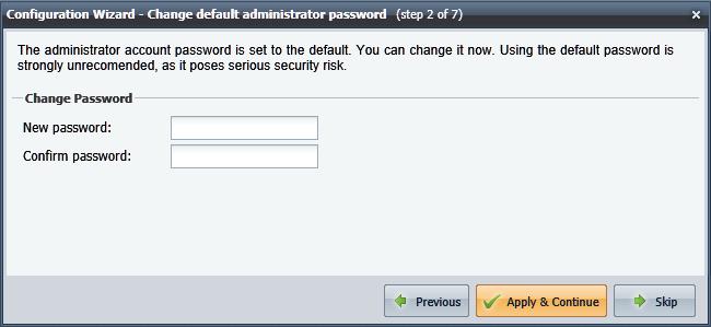 4. In the Configuration Wizard - Change default administrator password frame, enter your new password in both fields, then click Apply and Continue.