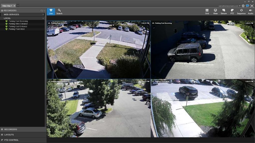 LIVE SCREEN Video View Tab Recorder List Live Screen Search View Grids Stream PTZ Sequence Audio Camera Tile Camera Layouts Viewing Pane Viewing Pane Live screen view comprised of the desired camera
