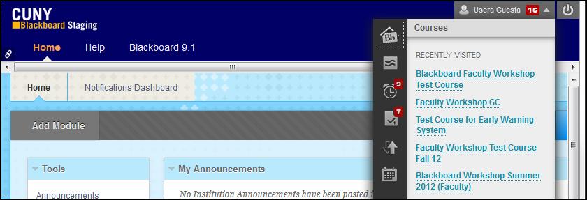 What s New in Blackboard Faculty Tutorial Global Navigation menu: The new Notification area combines notices, alerts, messages, and other items from all of your courses in one place.