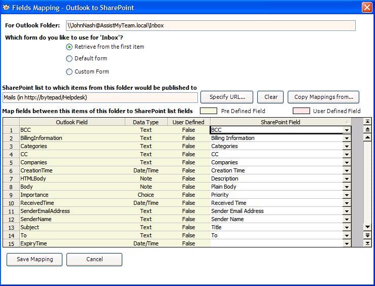 Personal DataPublisher 10 In the mapping dialog box (above), the first column lists all the Outlook fields. The second column displays the data type of the field.