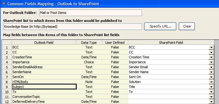Personal DataPublisher 13 To configure a new SharePoint list and map fields of the particular Outlook item type with that of the SharePoint list, select New Mapping option