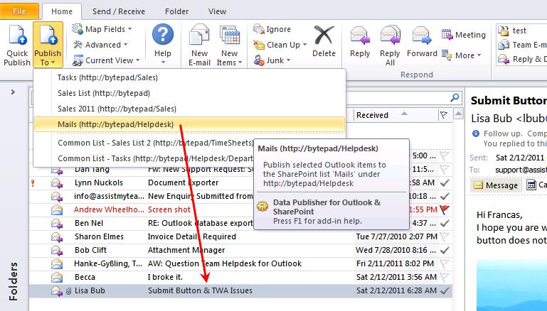 Personal DataPublisher 14 7. Publishing Outlook Items to SharePoint The second step is to select the particular Outlook items, and publish to one of the configured SharePoint list.