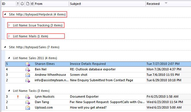 View 4 Items grouped by SharePoint Site and List This is a table view, where all the Outlook items are first grouped by
