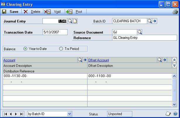 Chapter 3: Daily Procedures Batch Entry Clearing Transaction Entry Checklist, Step 1 The batch entry information for clearing entry is the same as discussed earlier in the General Transaction Entry