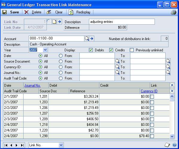 Chapter 3: Daily Procedures Linking Transactions TRANSACTIONS FINANCIAL TRANSACTION MATCHING Use the General Ledger Transaction Link Maintenance window to link distributions from multiple posted