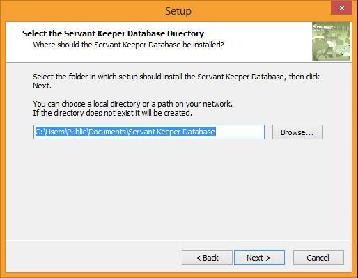 Figure 7: Default location for the installation of the Servant Keeper 7 database. Step 9 : You will now see a window displaying the path to where the Servant Keeper 7 database will be installed.