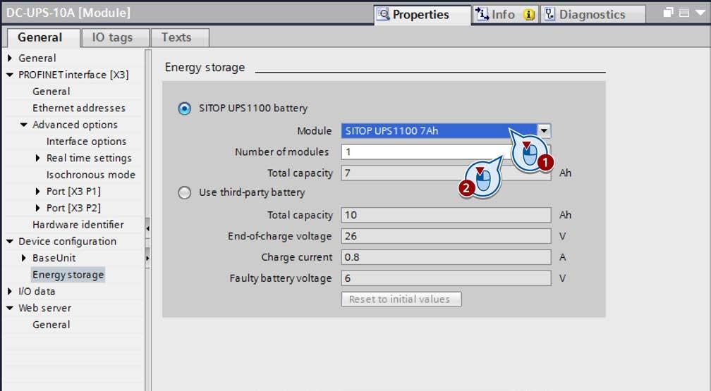 Installing and configuring the SITOP UPS1600 in STEP 7 V13 6. Check whether the "SITOP UPS 1100 battery" option field is activated. Activate it if it is deactivated. 7. Select the appropriate entries in the drop-down lists "Module" and "Number of modules".