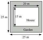 Area of the square plot = (25 m) 2 = 625 m 2 Area of the house = (15 m) (20 m) =300 m 2 Area of the remaining portion = Area of square plot Area of the house = 625 m 2 300 m 2 = 325 m 2 The cost of