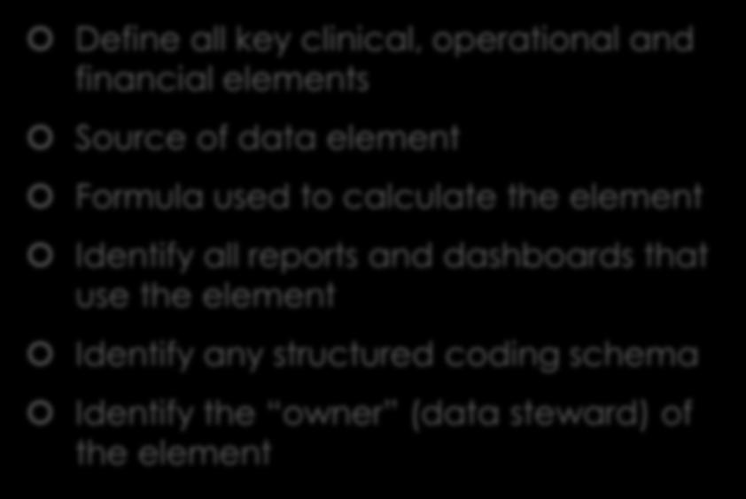 Data Dictionary Elements Define all key clinical, operational and financial elements Source of data element Formula used to calculate the element