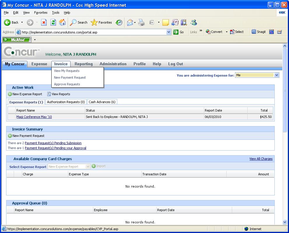 CREATING A PAYMENT REQUEST Click on the Invoice tab at the top of your My Concur homepage This will bring you to the