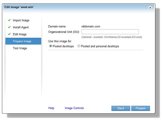 On the Prepare Image page, select whether the image will be used to generate pooled or personal desktops. For details about personal desktops, see Manage personal desktops.