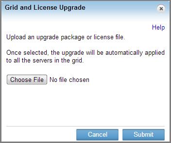 To upload a license file: 1. In the Admin tab of the vdimanager console click Grid Maintenance, then click OK. 2. Click Grid and License Upgrade. 3. Click Choose File. 4.