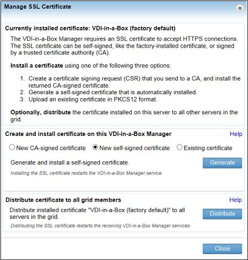 1. Put the grid into maintenance mode: from the vdimanager console click the Admin tab, click Grid Maintenance, then click OK. 2. From the Admin tab, click Manage Certificate. 3.