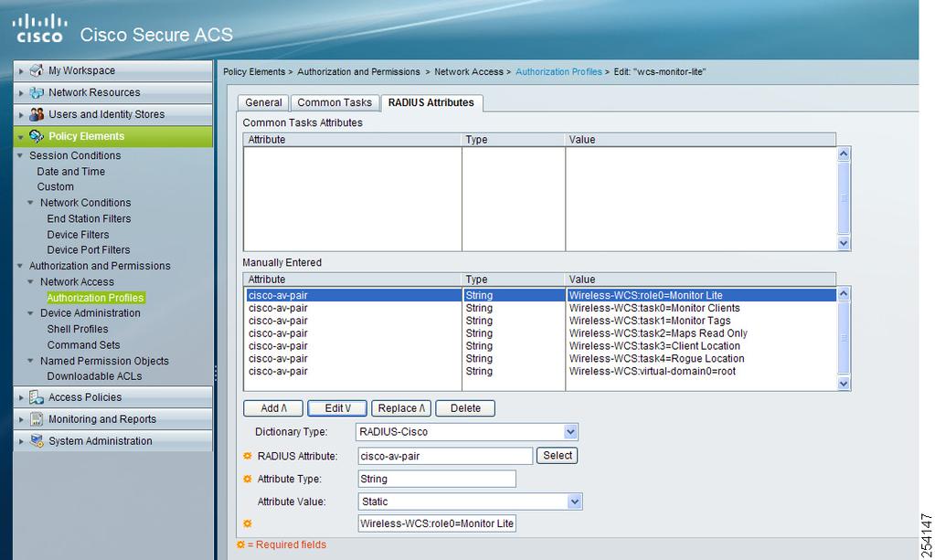 Chapter 15 Configuring ACS 5.x Step 5 Add RADIUS Attributes one by one (see Figure 15-43). Figure 15-43 Authorization Profiles Page Step 6 Click Submit.