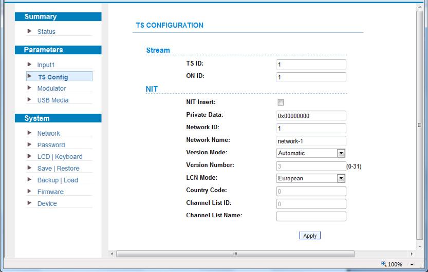 Parameters TS Config From the menu on left side of the webpage, clicking TS Config, it displays the interface