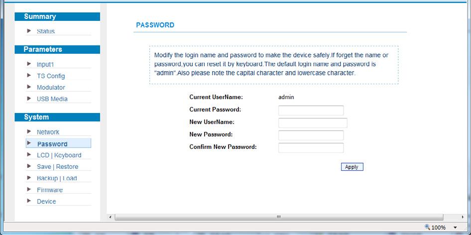 System Password From the menu on left side of the webpage, clicking Password, it will display the