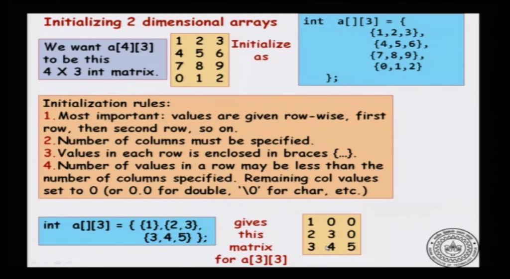 (Refer Slide Time: 10:51) So, there are some initialization rules, similar to what we are seen for one dimensional arrays, values are given row wise.