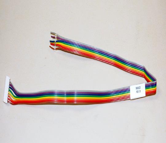 the shorter cable (with either 8 - or 10- pins on the LED connector) on the left, used with LEDs such as PT39, PT40, CBT-40 and PT54, and the longer cable with the two spade connectors